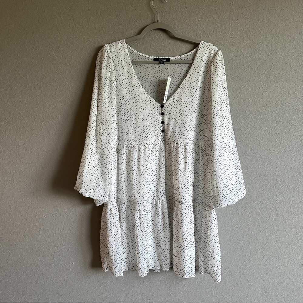 NWT White and Black Polka Dot Bell Sleeve Tiered Mini Dress XL